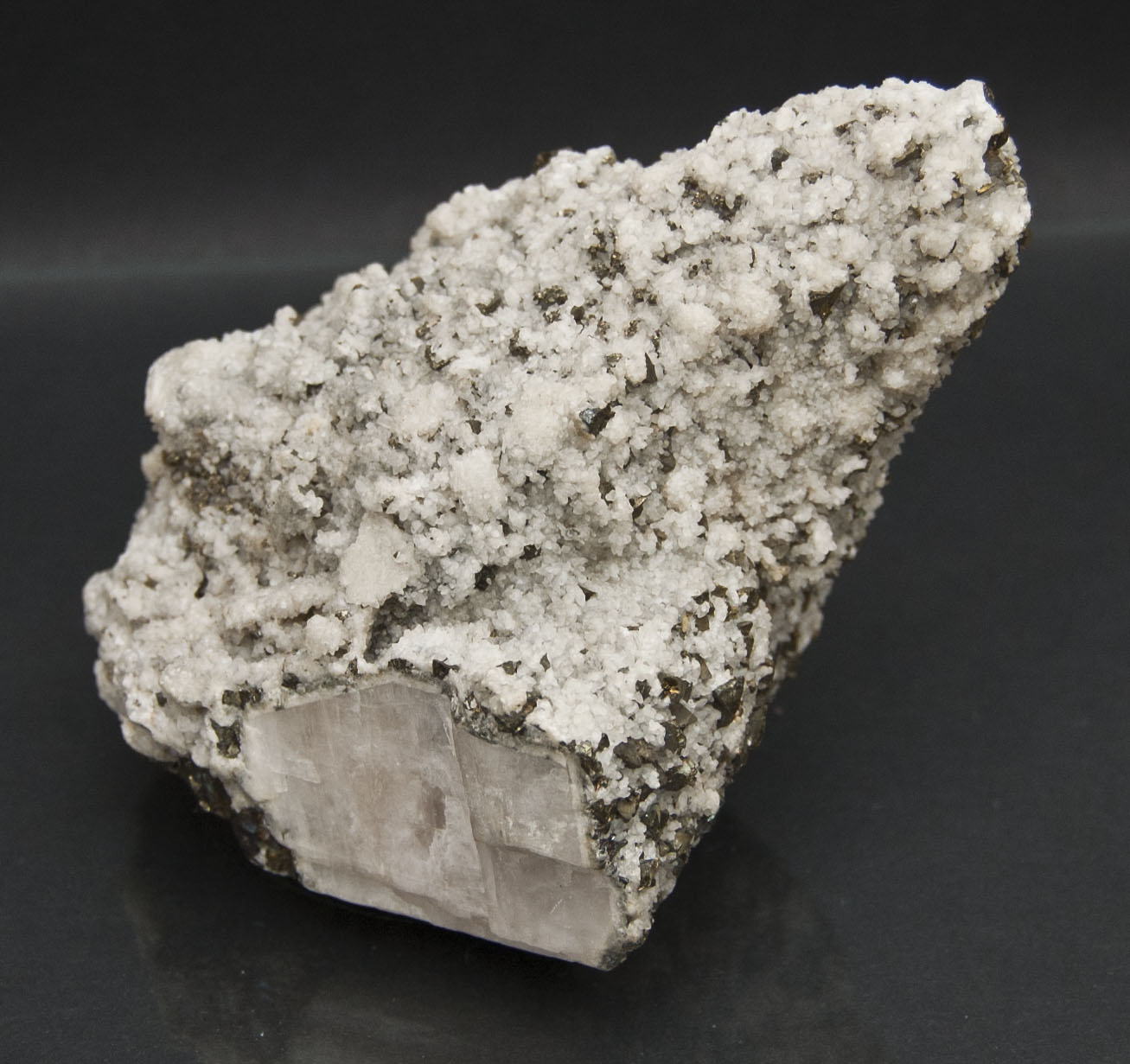 Pyrite, Quartz on large Calcite Crystal-https://schwartzfineminerals.com